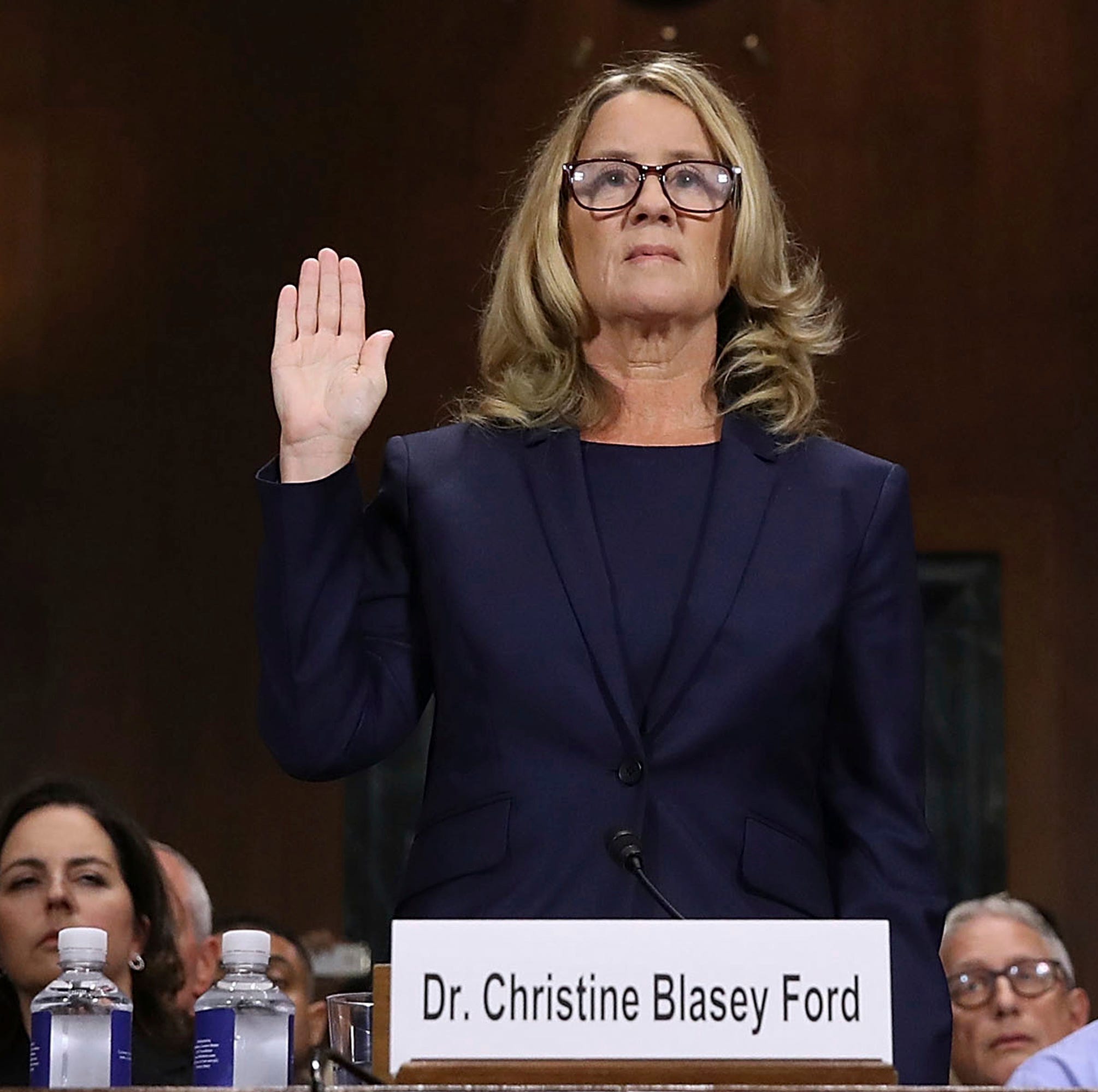 Christine Blasey Ford is sworn in before the Senate Judiciary Committee on Sept. 27, 2018.