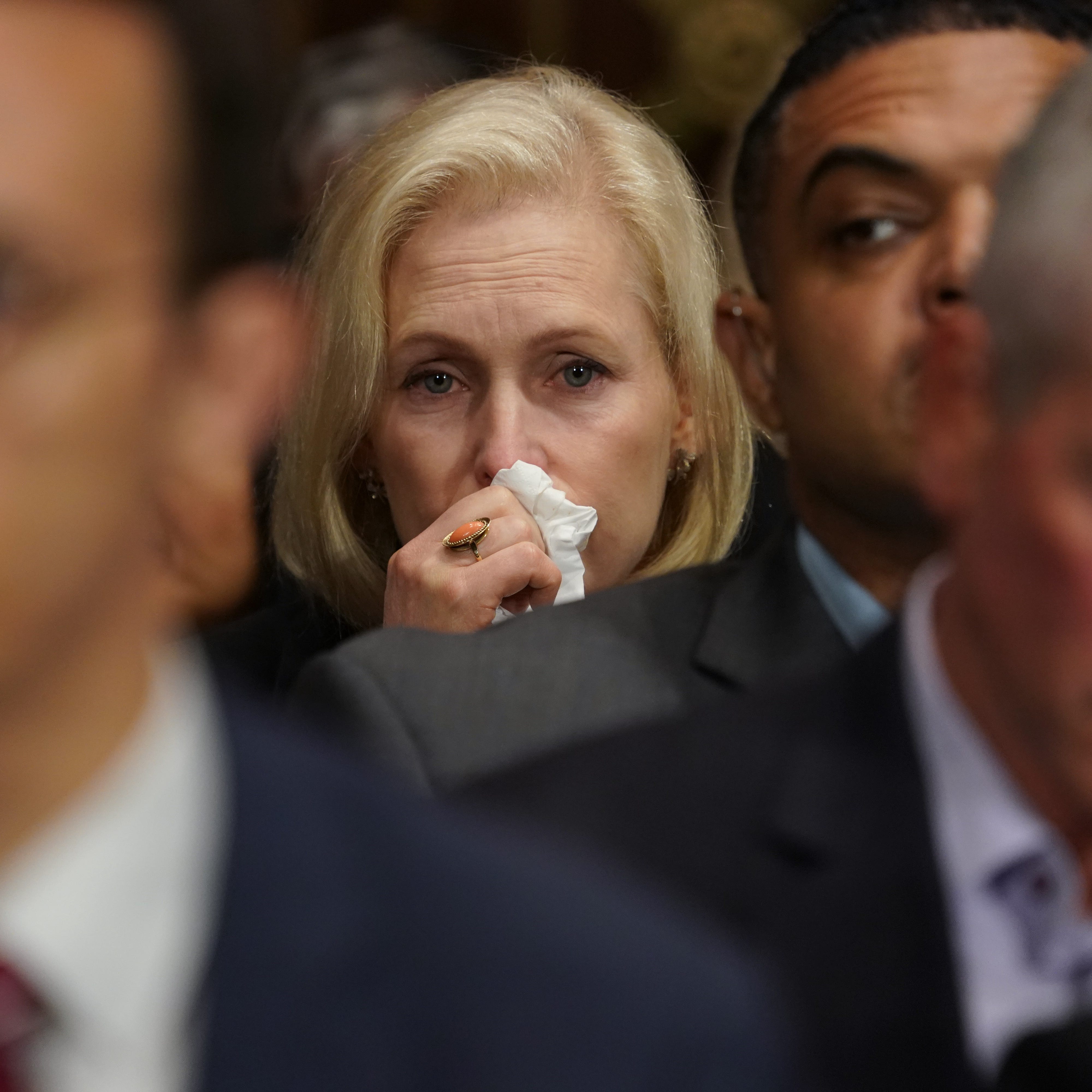 WASHINGTON, DC - SEPTEMBER 27:  U.S. Sen. Kirsten Gillibrand (D-NY) reacts during testimony from Christine Blasey Ford at a Judiciary Committee hearing at the Dirksen Senate Office Building on Capitol Hill September 27, 2018 in Washington, DC. Blasey