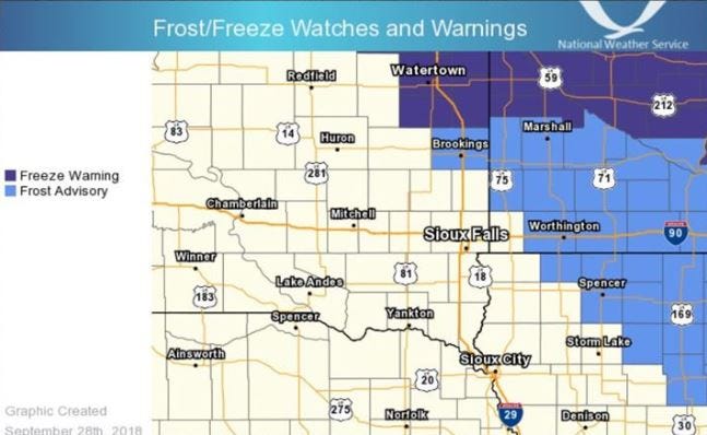 A freeze warning and frost advisory have been issued for parts of eastern South Dakota for Friday into Saturday.