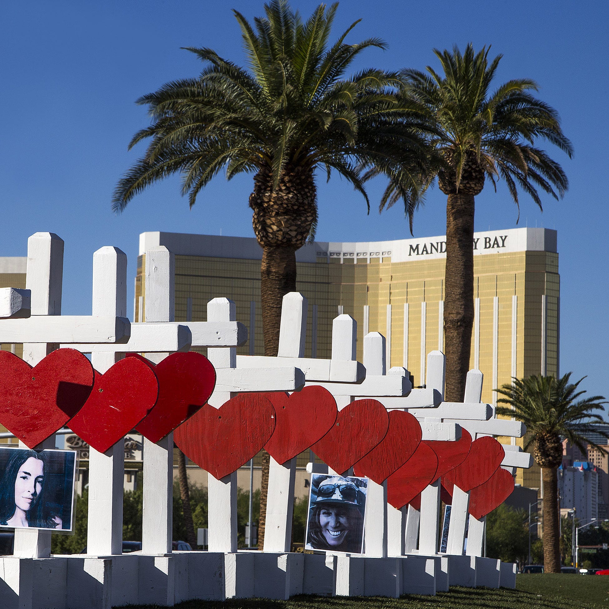 A memorial to the victims of the shooting is seen near the Mandalay Bay Hotel on Oct. 5, 2017.