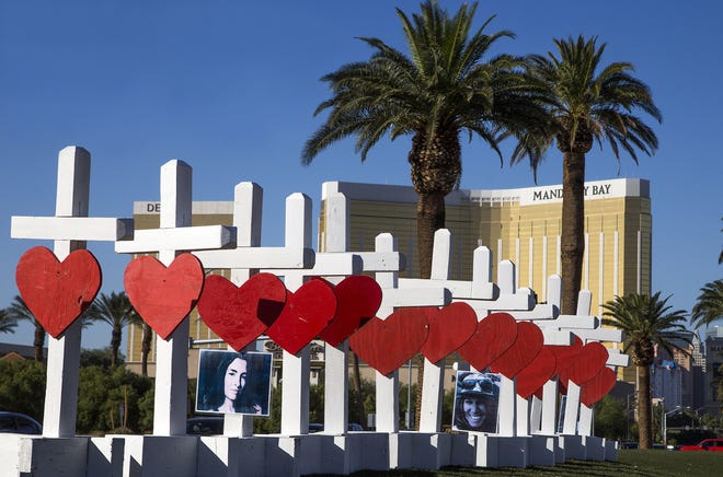 A memorial to the victims of the shooting is seen near the Mandalay Bay Hotel on Oct. 5, 2017. 