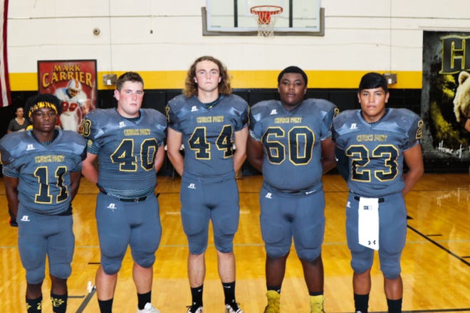 Church Point defensive tackle Tonyh Gibson (60), along wither fellow defensive standouts Breelyn Jones (11), Ben Henry (40), Ian Meche (44) and Eduardo Briceno (23) played a critical role in the Bears' 22-20 comeback win over Eunice.