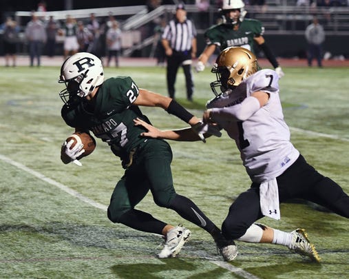 River Dell at Ramapo on Friday, September 28, 2018. R #27 Max Baker scores a touchdown in the fourth quarter. 