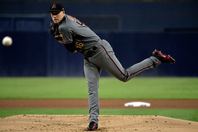 Sep 28, 2018; San Diego, CA, USA; Arizona Diamondbacks starting pitcher Patrick Corbin (46) pitches during the first inning against the San Diego Padres at Petco Park. Mandatory Credit: Jake Roth-USA TODAY Sports