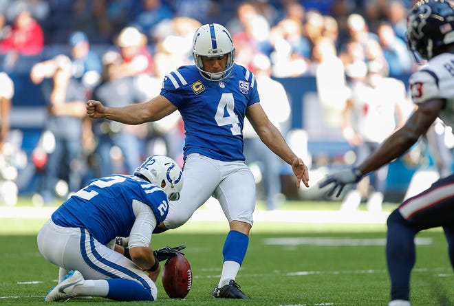 Indianapolis Colts kicker Adam Vinatieri (4) kicked field goal in the first half of their game against the Houston Texans on Sunday, Sept. 30, 2018. With this kick he began the NFL's all-time leader in field goals.