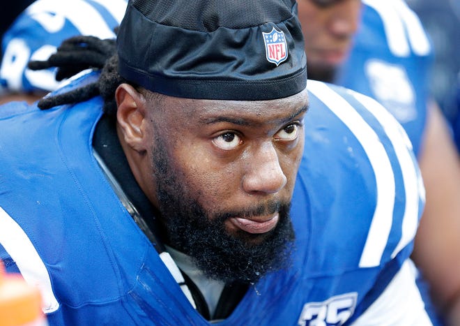 Indianapolis Colts defensive end Denico Autry (96) sits dejected on the bench late in the second half of their game on Sunday, Sept. 30, 2018. The Indianapolis Colts lost 37-34 in overtime to the Houston Texans.