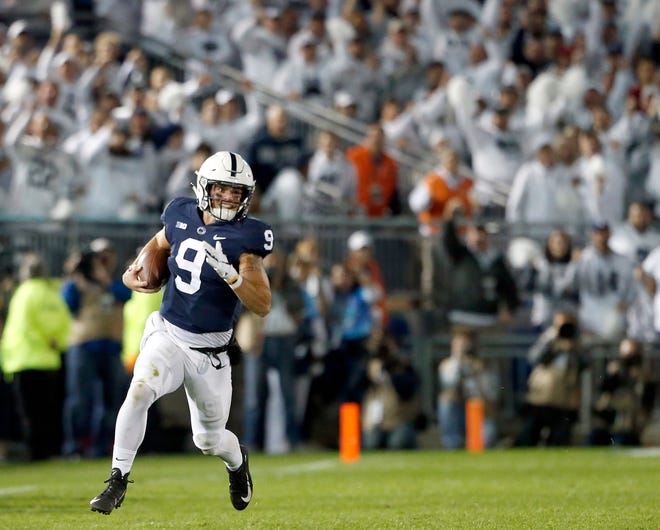 Penn State quarterback Trace McSorley (9) takes off running against Ohio State during the first half of an NCAA college football game in State College, Pa., Saturday, Sept. 29, 2018.