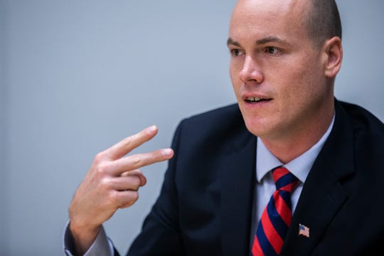 J.D. Scholten, Democratic candidate for Iowa's 4th Congressional District, meets with the Des Moines Register on Monday, Oct. 1, 2018, in Des Moines. Scholten is running against Republican congressman Steve King and Libertarian challenger David Aldrich.