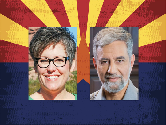 Candidates for secretary of state Democrat Katie Hobbs (left) and Republican Steve Gaynor.
