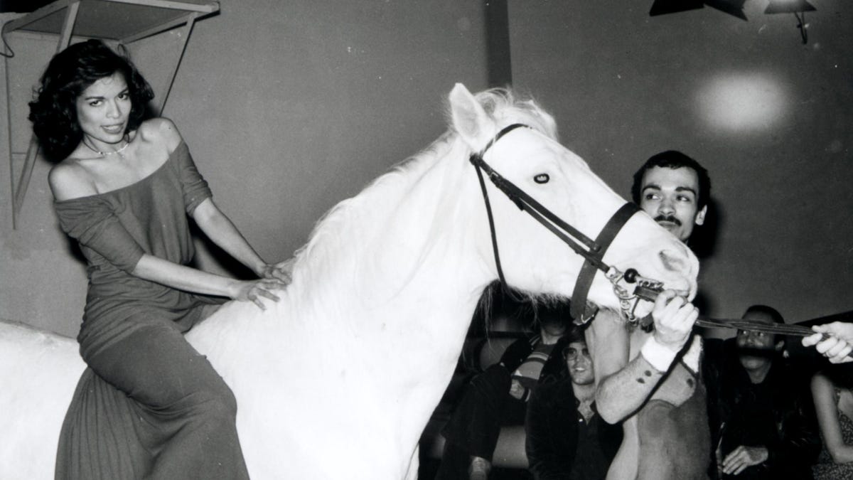 378283 01: 5/2/77 New York, NY. Bianca Jagger on a white horse at Studio 54 celebrating her birthday.(Photo by Robin Platzer/Twin Images/ & Online USA)    One Time Use for Studio 54 gallery/story ORG XMIT: 175309124 [Via MerlinFTP Drop]