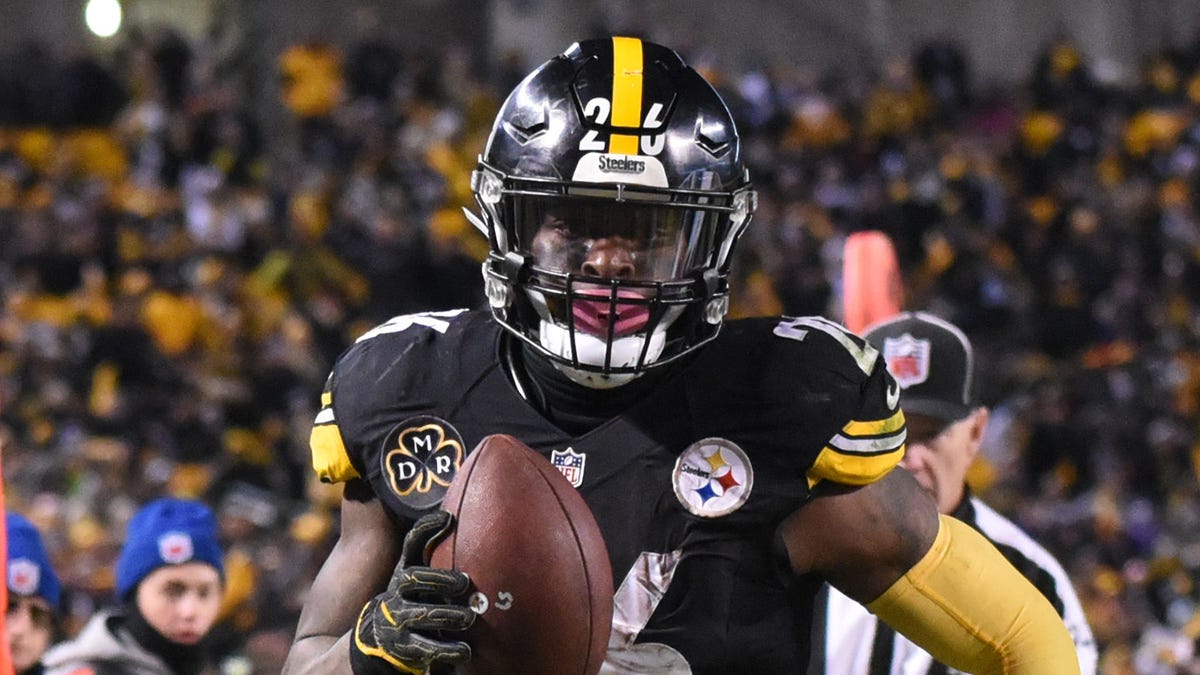 Pittsburgh Steelers running back Le'Veon Bell (26) scores a fourth quarter touchdown as Baltimore Ravens defensive tackle Michael Pierce (97) gives chase at Heinz Field.