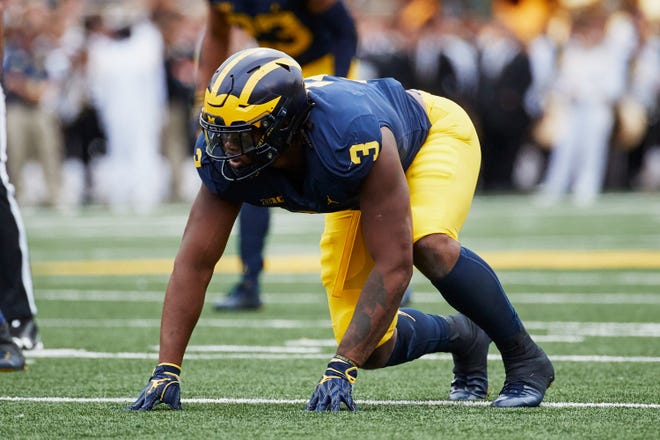 Michigan defensive end Rashan Gary lines up against Western Michigan on Sept. 8, 2018.