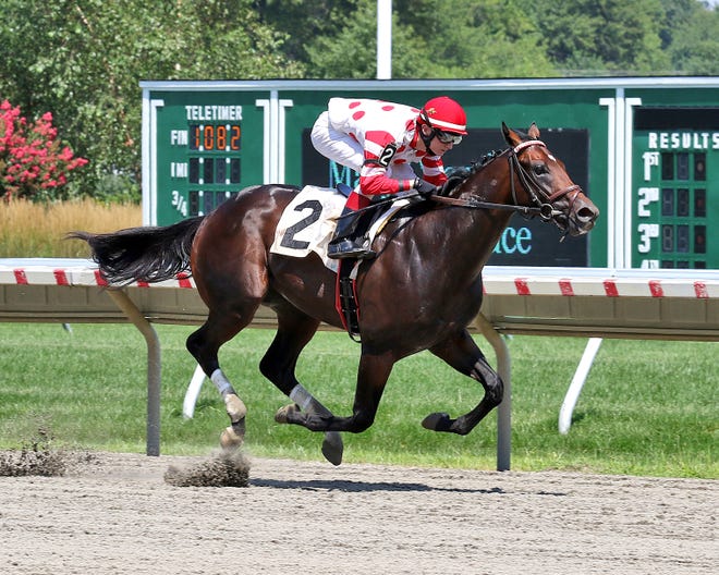 Mind Control, ridden by Trevor McCarthy, wins at Monmouth Park on Aug. 12.