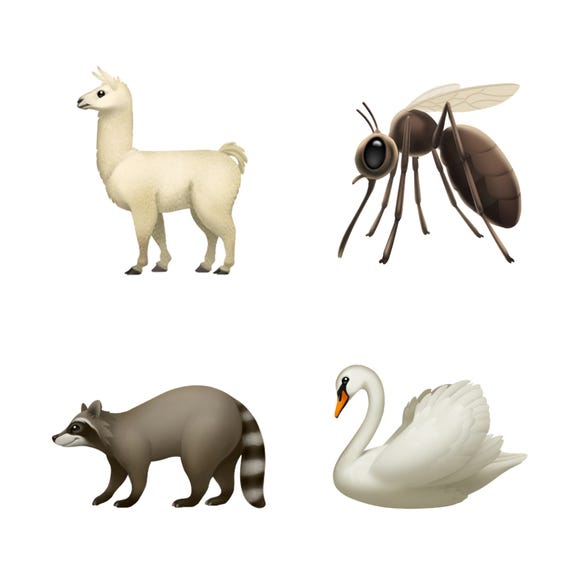 New animals include a llama, mosquito, swan and raccoon.