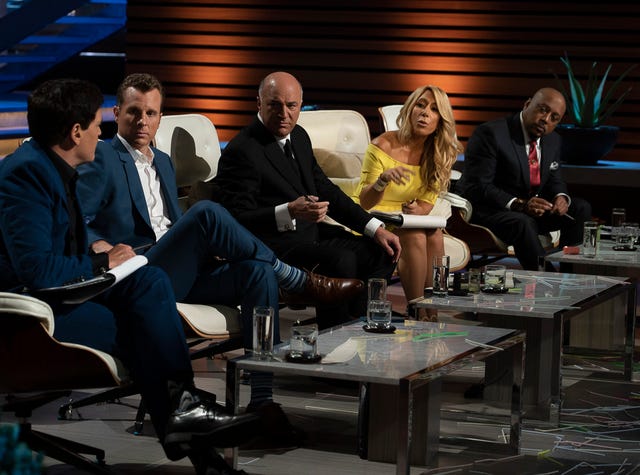 Mark Cuban (left), Ring founder Jamie Siminoff, Kevin O'Leary, Lori Greiner and Daymond John in the 10th season premiere (and 200th episode) of ABC's "Shark Tank."