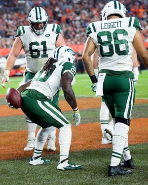 Isaiah Crowell was fined for this touchdown celebration against the Browns.