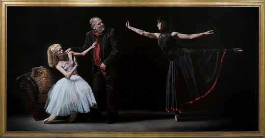 Harvey Weinstein is about to be pepper sprayed by a ballerina in this large acrylic on canvas painting by Florida artist Kevin Grass. The work demonstates the power of the #MeToo movement.
