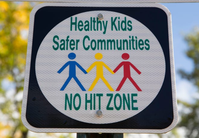 Madison Heights City Council recently passed a resolution creating "No Hitting" zones on city property, to discourage spanking, child abuse and bullying. The sign is at Madison Heights City Hall on Thursday, Oct. 4, 2018.