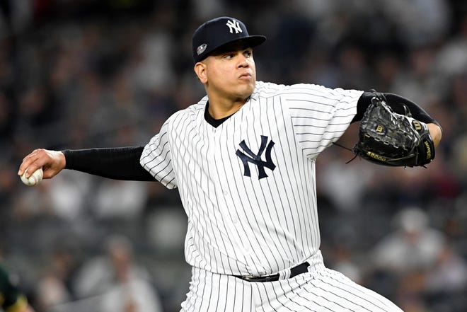 New York Yankees pitcher Dellin Betances pitches to the Oakland Athletics in the American League Wildcard game on Wednesday, Oct. 3, 2018, in New York. 