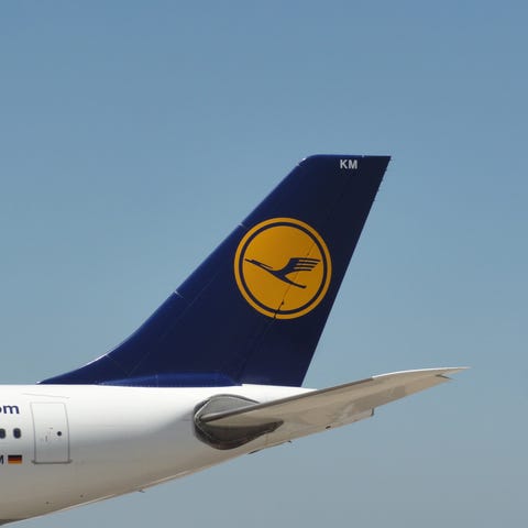The tail of a Lufthansa Airbus A330 jet is seen at