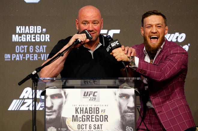 UFC president Dana White and Conor McGregor during a news conference for UFC 229 at Radio City Music Hall on Sept. 20.