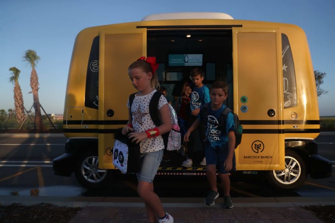 The town of Babcock Ranch has a driverless shuttle/school bus that takes resident students to Babcock Ranch Neighborhood School. For now it runs on Fridays. It runs with an attendant in the event of emergencies and unforeseen obstacles 
