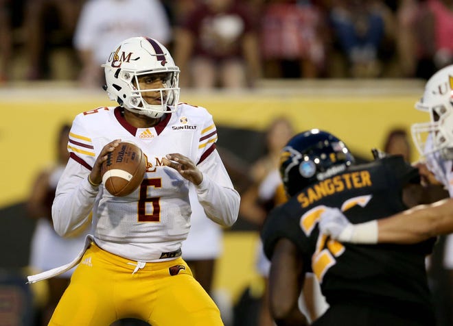 ULM quarterback Caleb Evans (6) is second in the Sun Belt Conference to Arkansas State’s Justice Hansen in passing yards (1,192) and total offense (1,456).