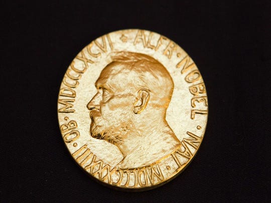 This file picture taken on December 10, 2010, shows the front of the Nobel medal awarded to the Nobel Peace Prize laureate for 2010, Chinese dissident Liu Xiabo.