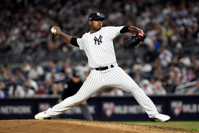 New York Yankees' Luis Severino pitches to the Oakland Athletics in the fifth inning of the American League Wildcard game on Wednesday, Oct. 3, 2018, in New York.