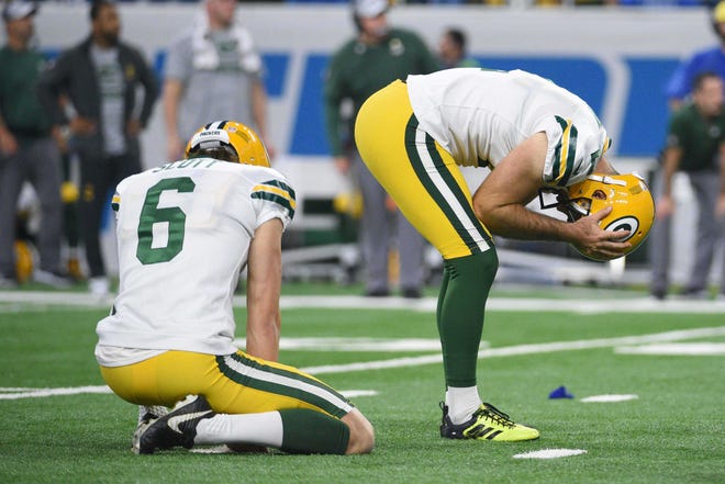 Oct 7, 2018; Detroit, MI, USA; Green Bay Packers kicker Mason Crosby (2) reacts to a third missed field goal during the second quarter against the Detroit Lions at Ford Field.