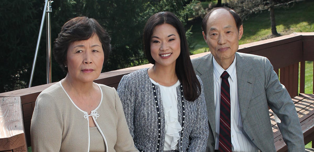 Republican Pearl Kim poses with her parents, who immigrated to the U.S. from South Korea. If Kim wins in the 5th congressional district, she will be the first woman of color in Pennsylvania elected to Congress.