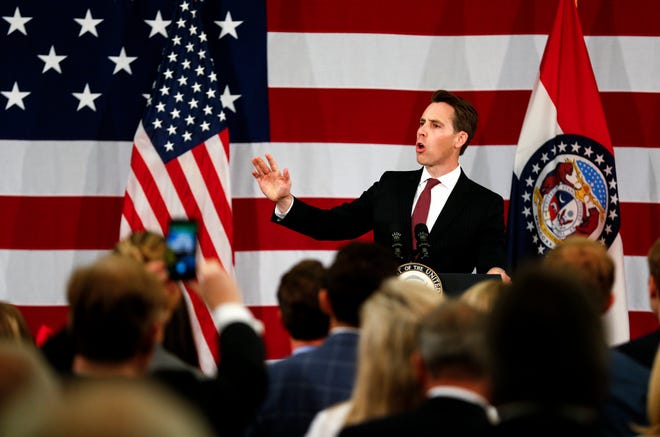 U.S. Senate candidate Josh Hawley speaks at a private fundraising event with Vice President Mike Pence at the Oasis Hotel & Convention Center in Springfield, Mo. on Monday, Oct. 8, 2018.