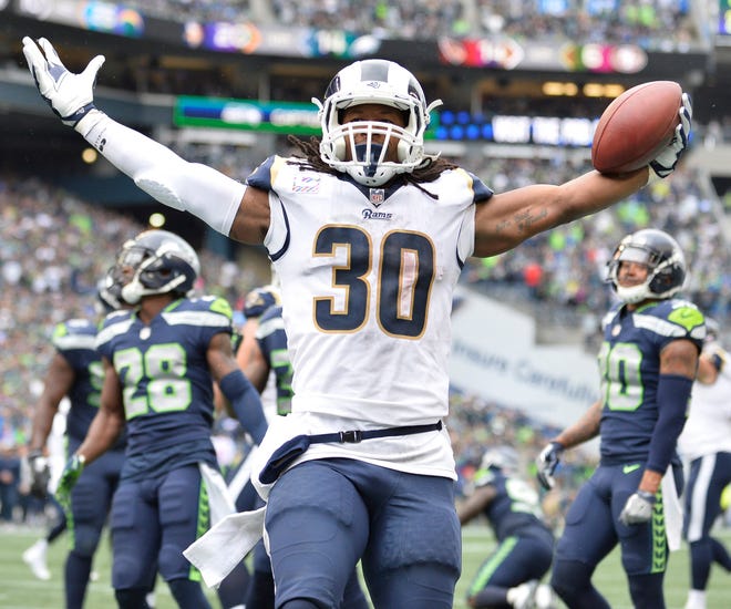Todd Gurley celebrates after scoring a touchdown against the Seahawks.