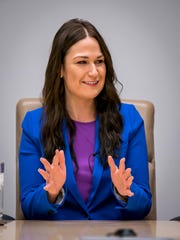 Abby Finkenauer, Democratic candidate in Iowa's 1st Congressional District, meets with the Des Moines Register editorial board Tuesday, Oct. 9, 2018, in Des Moines.