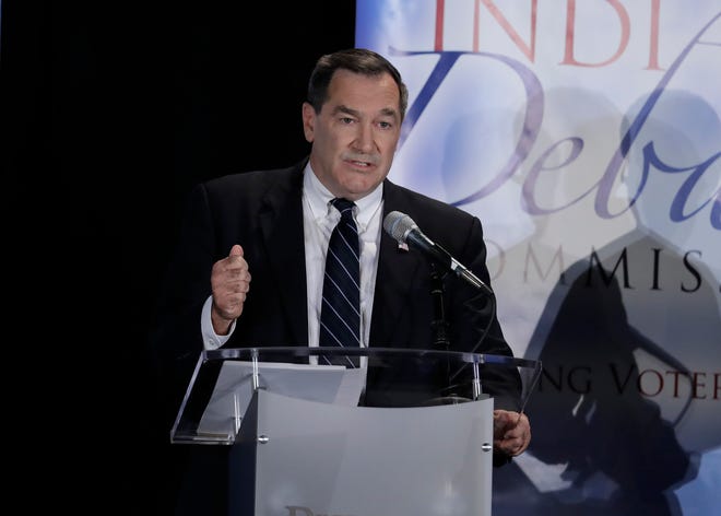 Democratic Sen. Joe Donnelly speaks during a U.S. Senate debate against Libertarian Lucy Brenton and Republican Mike Braun on Monday in Westville, Ind.