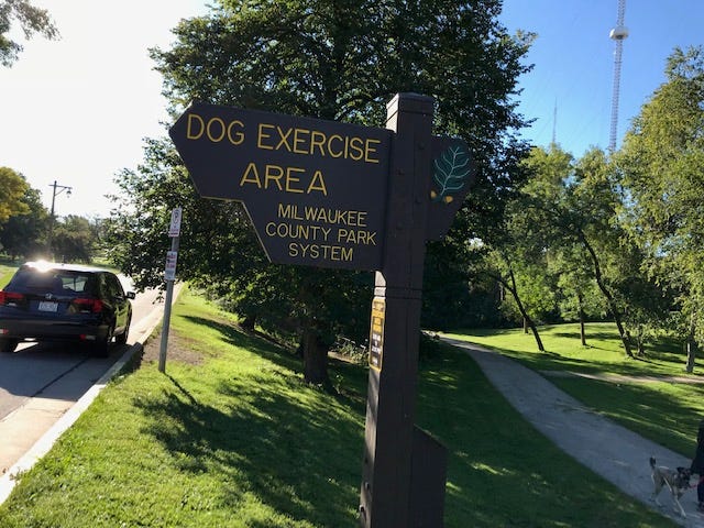 The former parking lot for the former swimming hole at Estabrook Park is now a dog exercise area.