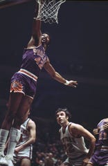 Connie Hawkins of the Phoenix Suns goes to the basket against the New York Knicks at Madison Square Garden in New York on Feb. 16, 1971.