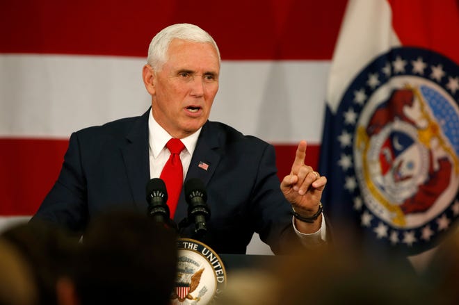 Vice President Mike Pence speaks at a private fundraiser in Springfield, Mo. for U.S. Senate candidate Josh Hawley, who is running against Sen. Claire McCaskill, at the Oasis Hotel & Convention Center on Monday, Oct. 8, 2018.