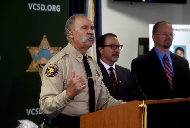 Ventura County Undersheriff Gary Pentis speaks with reporters during a news conference on Tuesday to announce a large scale drug seizure and arrest of several suspected members of an organized crime ring.