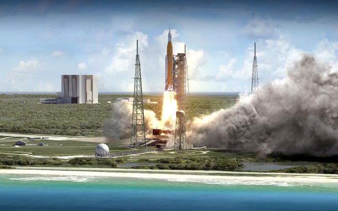 NASA's Space Launch System rocket launches from Kennedy Space Center's pad 39B in this rendering by the agency.