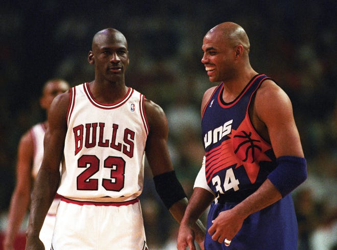 Michael Jordan and Charles Barkley during the 1993 NBA Finals in Chicago.