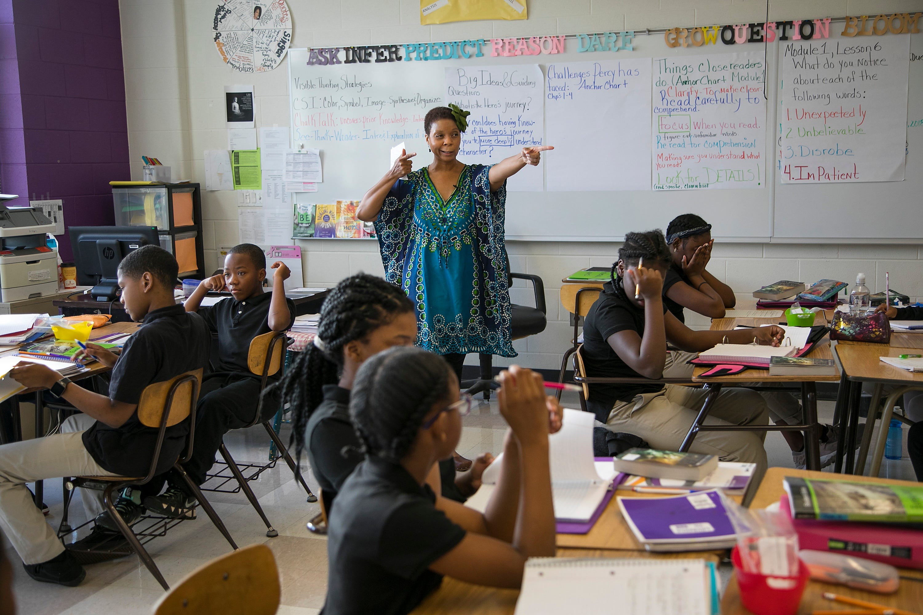 Felecia Branch talks about hitting the bull's-eye as she teaches at Mackenzie Elementary-Middle School in Detroit.