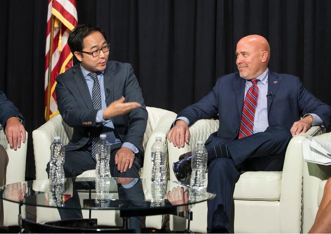 Andy Kim and Tom MacArthur discuss a wide range of issues during the editorial meeting. Congressman Tom MacArthur and Andy Kim, both candidates for New Jersey's 3rd congressional district, sit down for an editorial board meeting with members of the Asbury Park Press and Gannett NJ. Neptune, NJThursday, October, 11, 2018