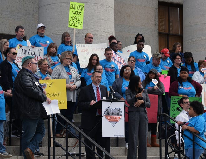 Jason Umstot spoke Sept. 27 at Bridge2Equality, a statewide rally that brought stakeholders together at the Ohio Statehouse to raise awareness of the critical need for direct support professionals.