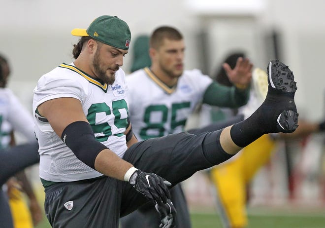 Green Bay Packers offensive tackle David Bakhtiari (69) warms up during practice inside the Hutson Center Thursday,October 11, 2018 in Ashwaubenon, Wis.