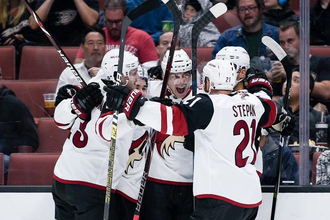 Oct 10, 2018; Anaheim, CA, USA; Arizona Coyotes center Dylan Strome (center) celebrates his goal with his team during the first period against the Anaheim Ducks at Honda Center.