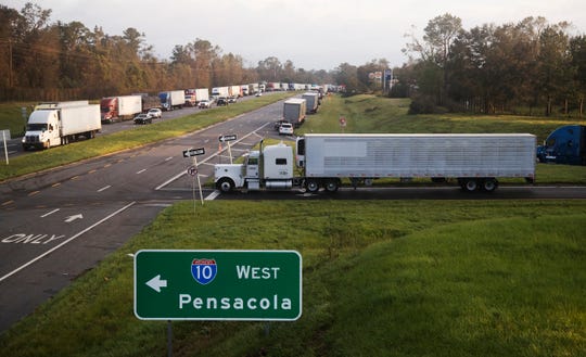 Traffic is denied access to Interstate 10 West at exit 147 in Gadsden County, Fla. Oct. 11, 2018. Downed trees and power lines from Hurricane Michael are preventing non-essential travel to Panama City using 10 West. Portions of 10 West are closed for 80 miles.
