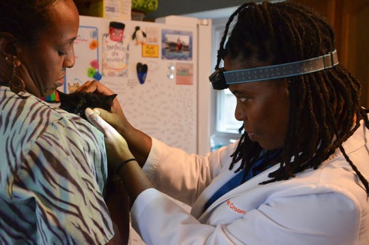 Turnera Croom (right) and her veterinary technician Toni White examine Ruckus. Croom has a mobile veterinary service that covers Southwest Michigan.