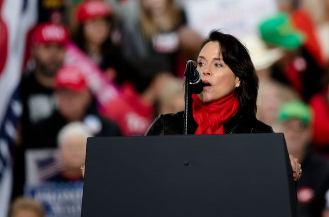 Jane Timken, Ohio Republican Party Chairwoman, speaks during President Donald J. Trump’s Make America Great Again Rally in Lebanon, Ohio, on Friday, Oct. 12, 2018.