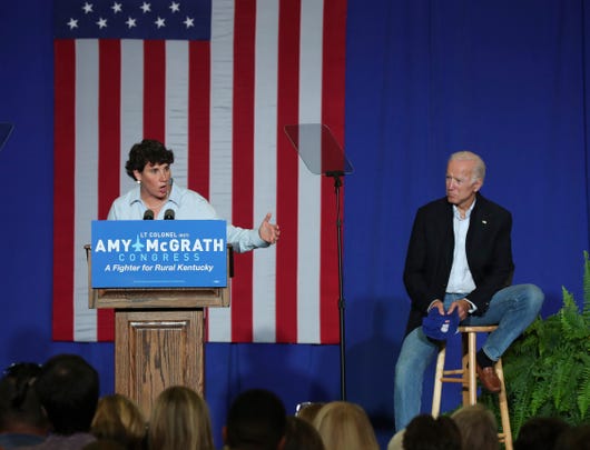 Amy McGrath was joined on stage by former Vice President Joe Biden at a rally in Kentucky in October.
